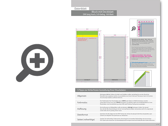 Product Bild block_mit_leimbindung_und_deckblatt__din_lang__100_blatt__5_0_farbig_einseitig_bedruckt_(cmyk_4-farbig_+_1_sonderfarbe_hks_oder_pantone)